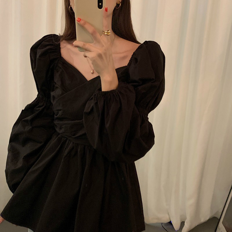 Nomikuma Vintage Elegant V-neck Blouse Shirt Causal Cross Pleated Slim Waist Women Tops Spring New Puff Sleeve Blusas 6E025 210427