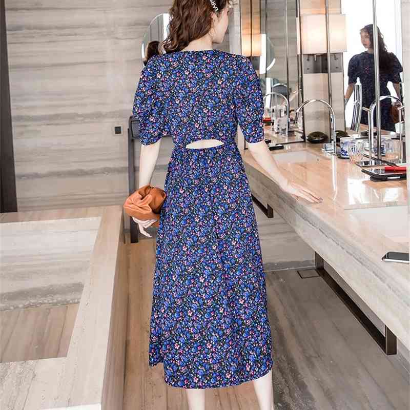 Floral Print Summer Dress Vintage Puff Short Sleeve Sexy Hollow back Beach Women Split Long Robe Vestidos 210519