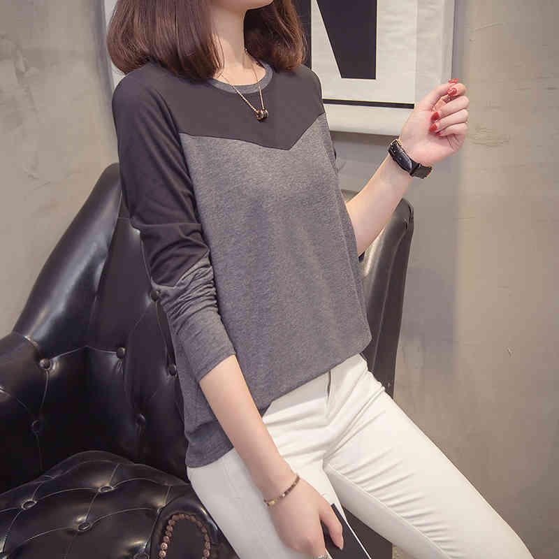 Plus Size Patchwork T-shirts Women Spring Autumn Casual Loose Long Sleeve Tops Tees Korean Style Oversize Ladies Tshirt 210406