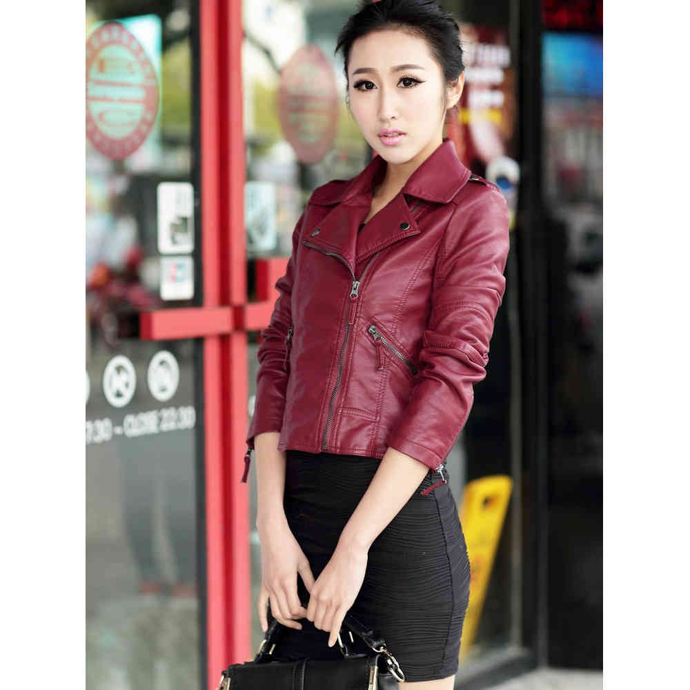 Women PU Faux Leather Coat Autumn Winter Zipper Soft Jackets Black Slim Cool Lady 210428
