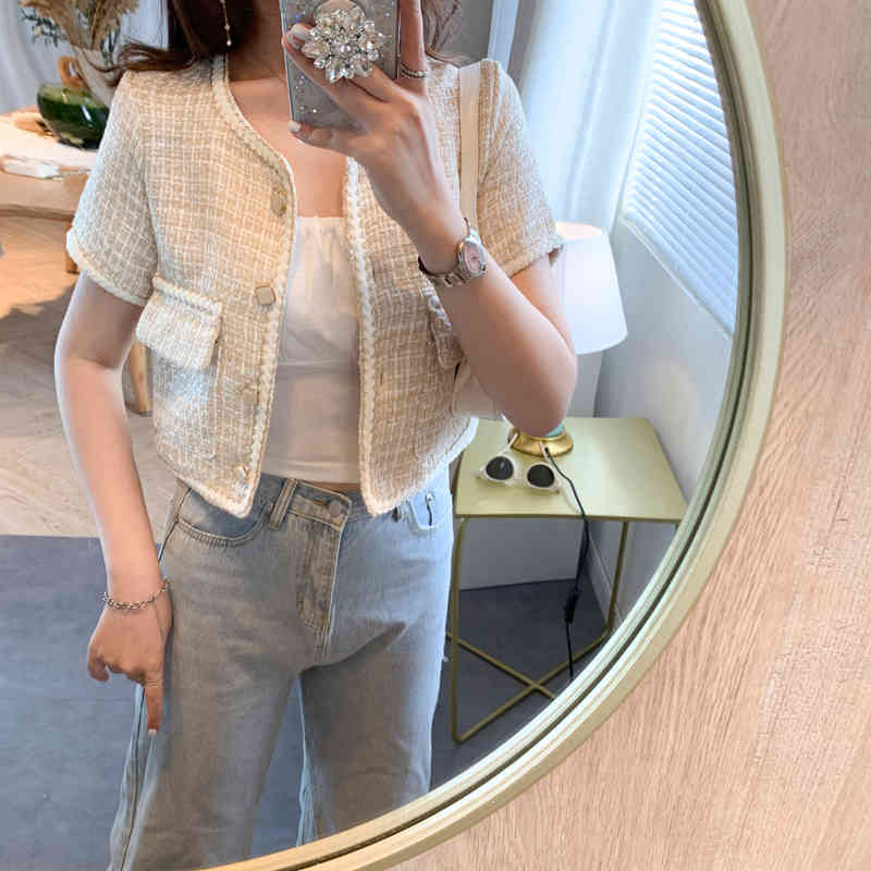 Coats & Jackets Summer Chic Korean V Neck Short Sleeve Plaid Woman Jacket Thin Wild Fashion Elegant Office Lady Sexy Sweet 210429