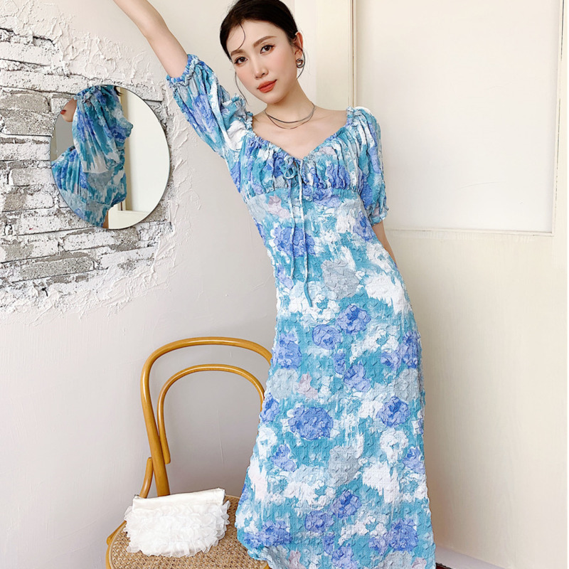 Women Dress Oil Painting Print Holiday Beach Long Puff Sleeve Temperament Fashion Summer Arrivals 2H703 210526