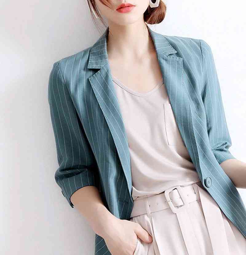 Spring Elegant Office Lady Silm Blazers Fashion Fresh Turquoise Striped Women Coats Casual Loose Soft Woman Jacket 210525