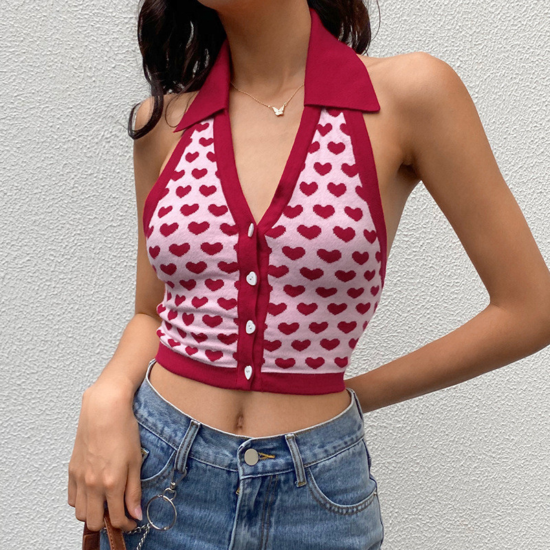Beauty Knitted Vest Women's Breasted Lapel Love Halter Female Bottoming Top Fashion Vintage 210514