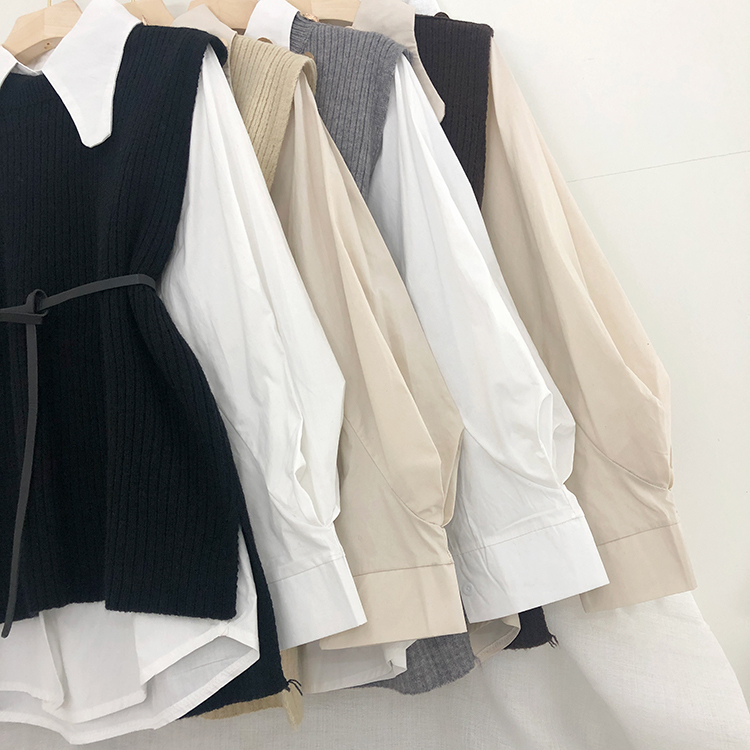 Nomikuma Spring Women Sets Lantern Long Sleeve Causal Blouse Shirt + Split Knitted Sleeveless Vest Belt Slim Waist Suits 6E288 210427