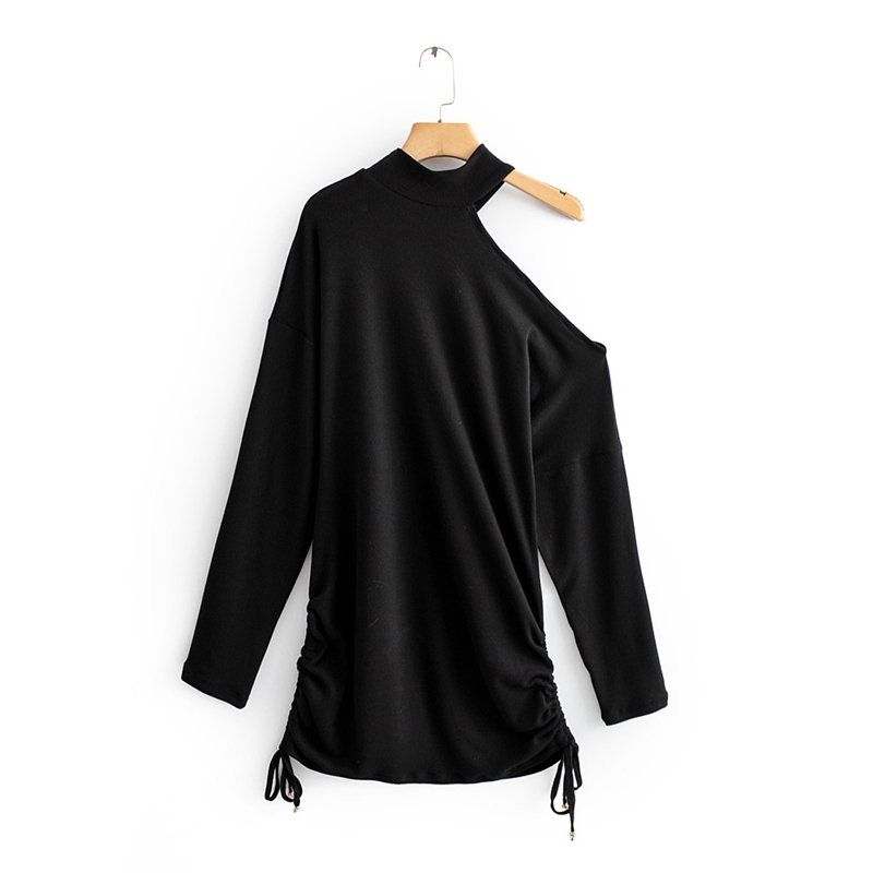 Elegant Women Asymmetric Hollow Out Dresses Fashion Ladies Black Mini Draped Dress Sexy Female Chic Knitted Vestidos 210430