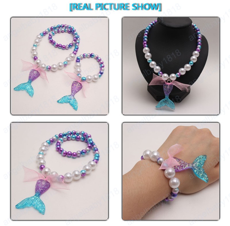 Charming Baby Girls Purple Mermaid Tail Pendant Necklace Bracelets Fashion Pearls Beaded Bangles For Kids Party Gift