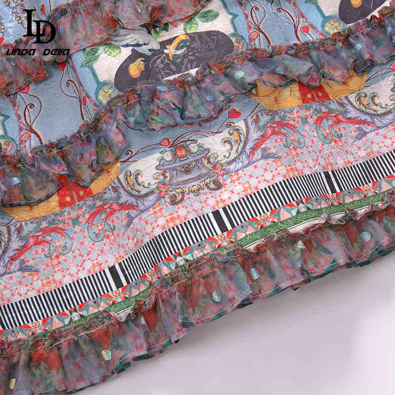 Autumn Fashion Runway Vintage Dress Women Turn-down Collar Bow Beading Graffiti Printing Ruffle A Line Mini 210522