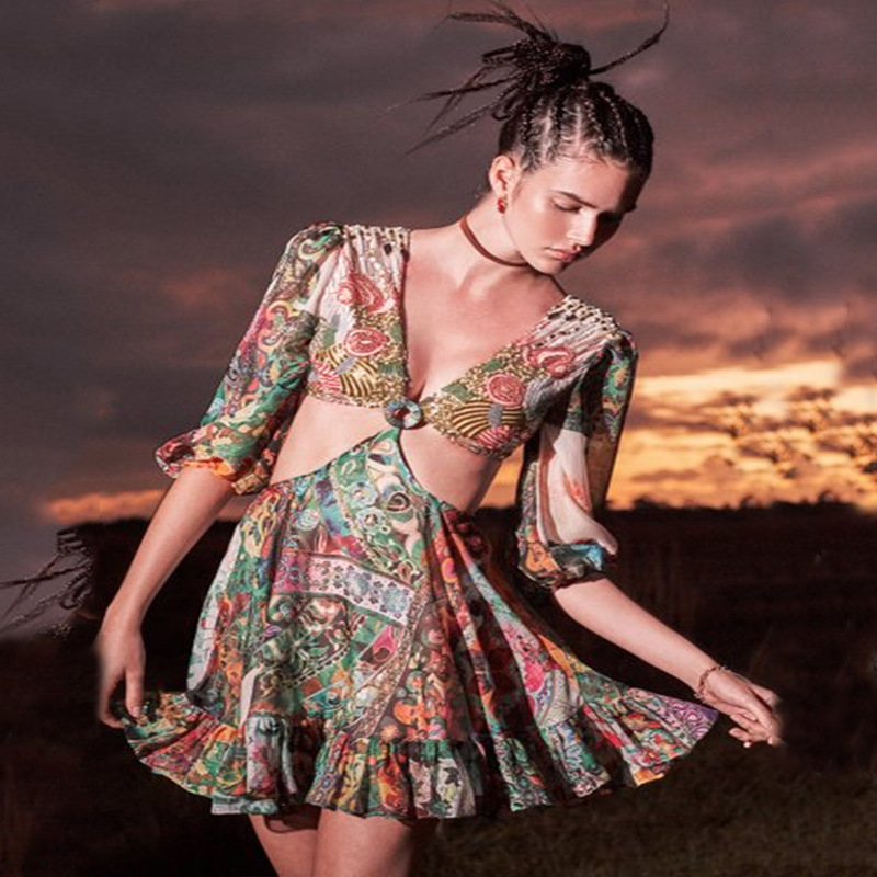 Women Dress Digital Print Girl Fashion es Deep V Neck Puff Sleeve Hollow Out Sexy Plus Size Bohemian es 210513