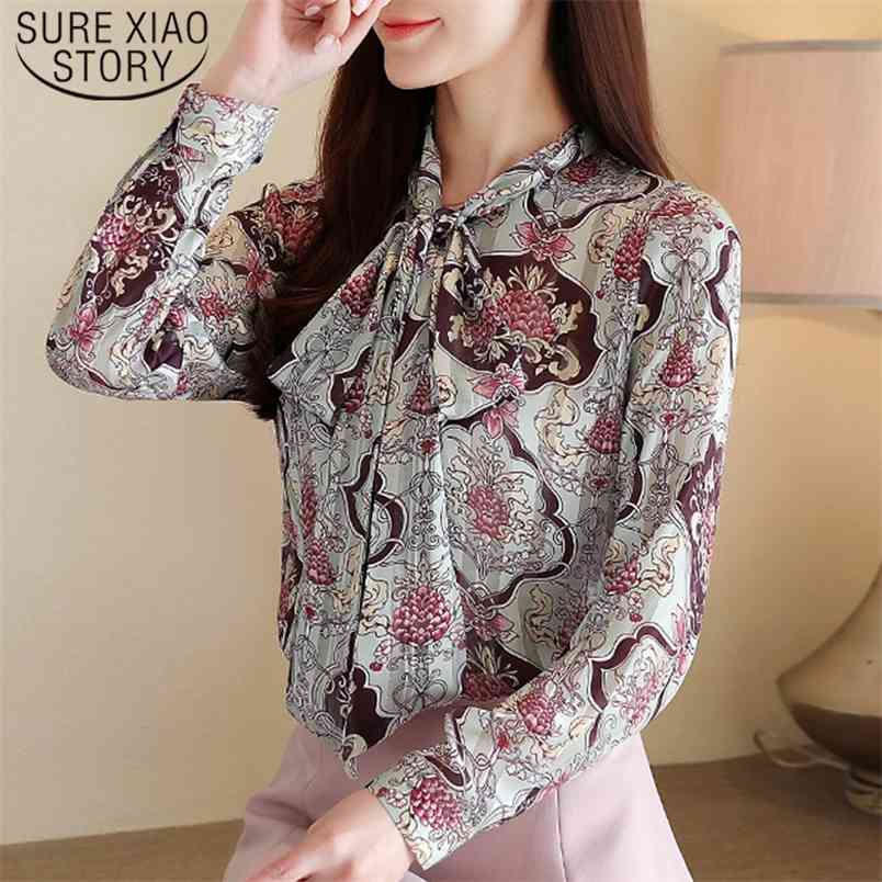 Fashion Women BowTops Korean Style Long Sleeve Print Shirt Loose Chiffon Blouse Office Lady Clothes Blusas 8401 50 210506