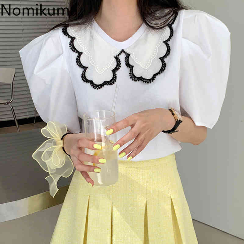 Nomikuma Womens Tops Lace Hit Color Peter Pan Collar Blouse Causal Sweet Puff Sleeve Korean Chic Elegant Blusas Shirt 6H274 210427