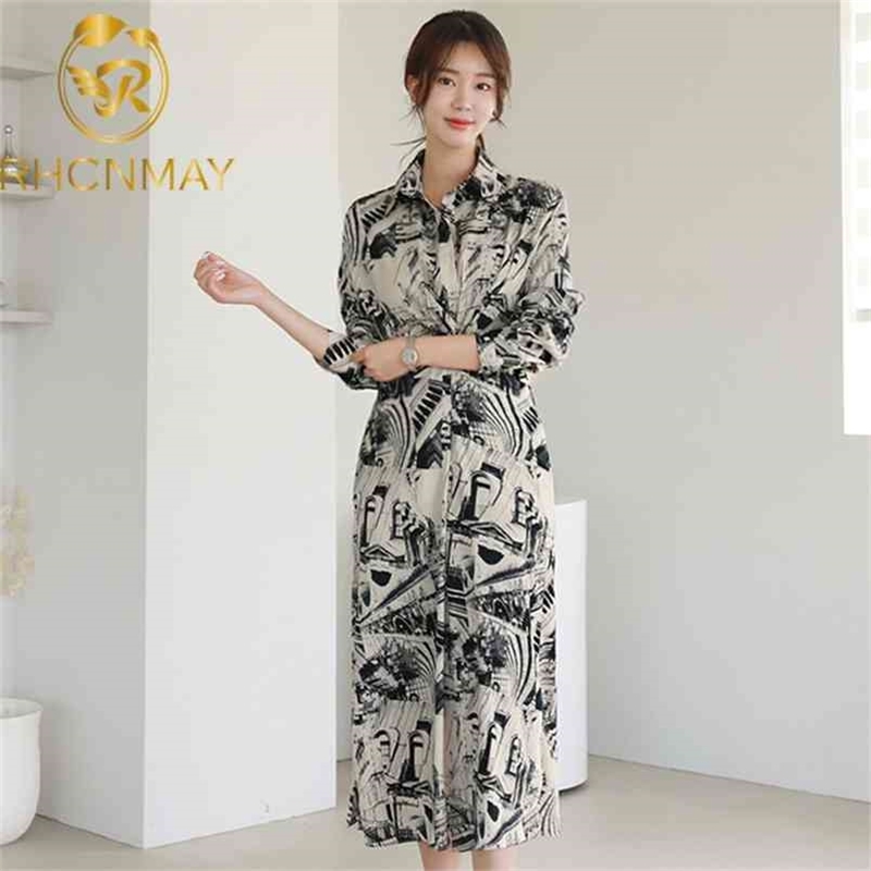 Korea Women Prints Dress Autumn Lapel Long sleeves Waist fold Slim Fashion Chic Streetwear printing Dresses 210506