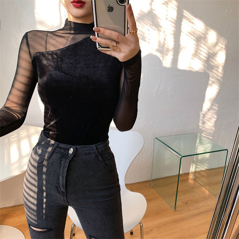 Autumn Velvet Large Size Women Arrival Patchwork Full Sleeves Mesh Sexy Female Basic Brief Tops T-shirt 210421