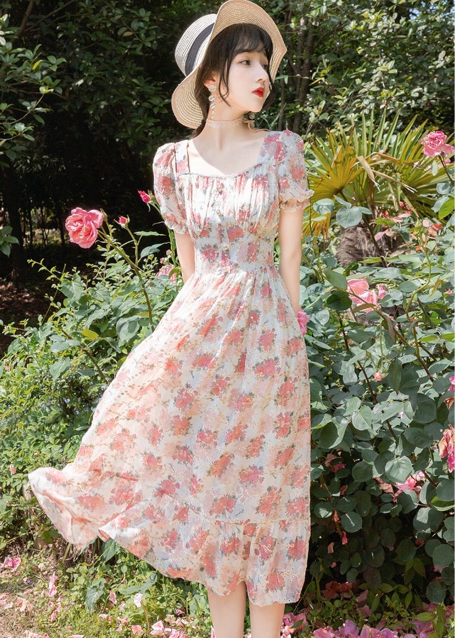 Summer Sweet Puff Sleeve Party Dress Vintage Women Square Collar Floral Embroidery Printed Pearls Button Pink Chiffon Dress 210518