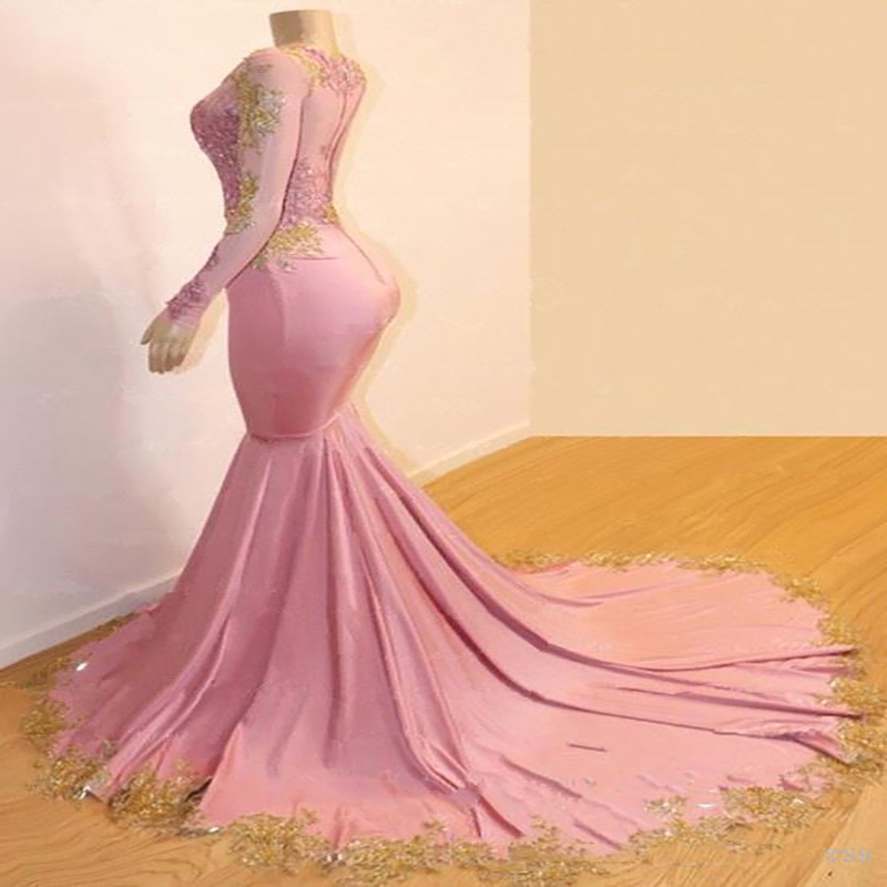 Elegant Arabic Mermaid Evening Dress With Gold Appliques Sheer Neck Long Sleeve Pink Black Girls Prom Dresses Formal Gown Robe De Soirée 2021 Vestidos