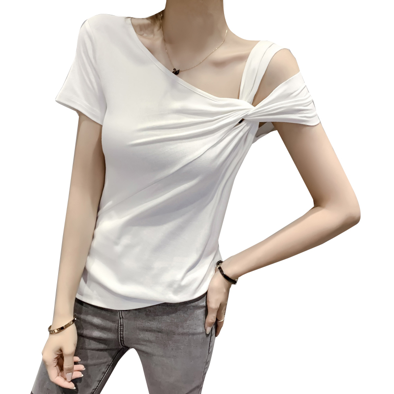 Korean Solid Asymmetrical Neck T shirts Summer Short-Sleeved T-shirt Women's clothes Slim TShirt Harajuku shirt 96i 210420