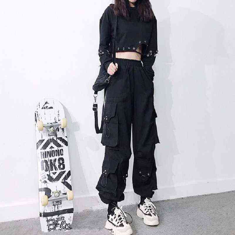 QWEEK Gothic Black Cargo Pants Women Baggy Harajuku Streetwear Oversize Punk Jogging Trousers for Female Hip Hop Mall Goth Emo 211115