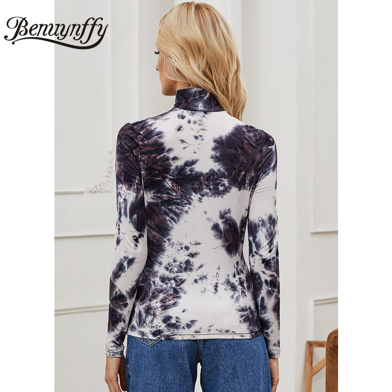 Turtleneck Tie Dye Women Fashion T-Shirt Spring High Neck Long Sleeve Ladies Slim Fit Casual Tshirt Top 210510