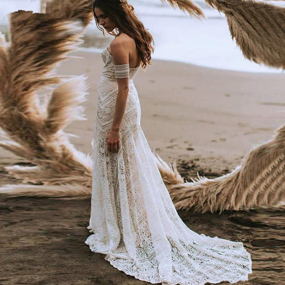 Rustic Full Crochet Lace Mermaid Wedding Dresses Long Bridal Gowns Split Front 2022 Sexy Summer Country Boho Beach Sweetheart Bride Dress Custom Made