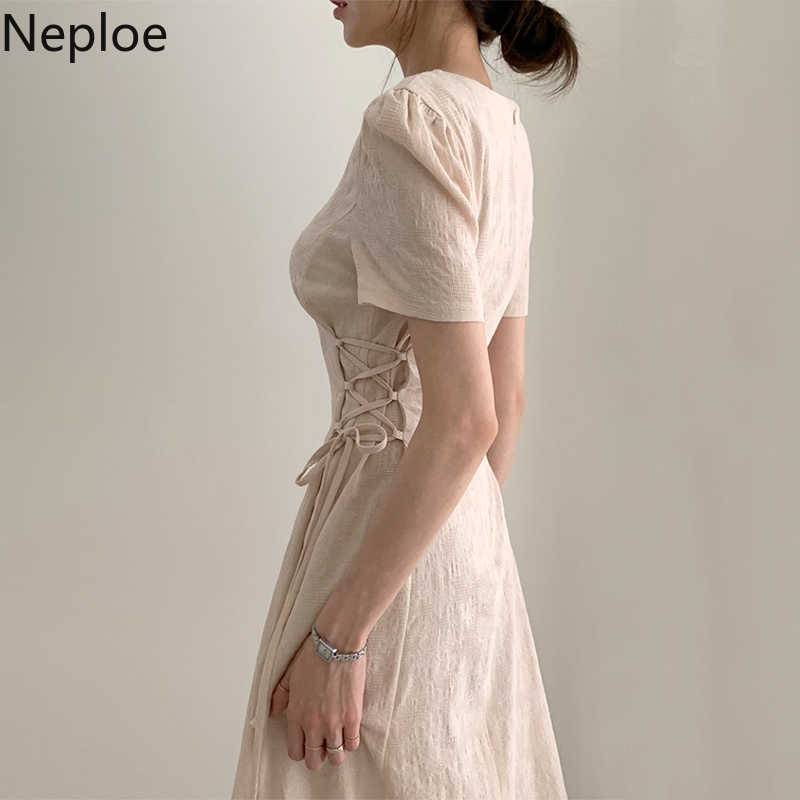 Neploe Korean Style Temperament Dresses Solid V-neck Short Puff Sleeve Bandage Vestidos Summer Elegant Fashion Dress 1B802 210630