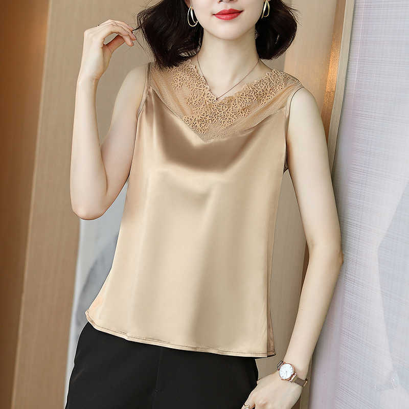 Korean Fashion Satin Tank Top Women Lace Sleeveless Plus Size XXXL/5XL Office Lady 210531