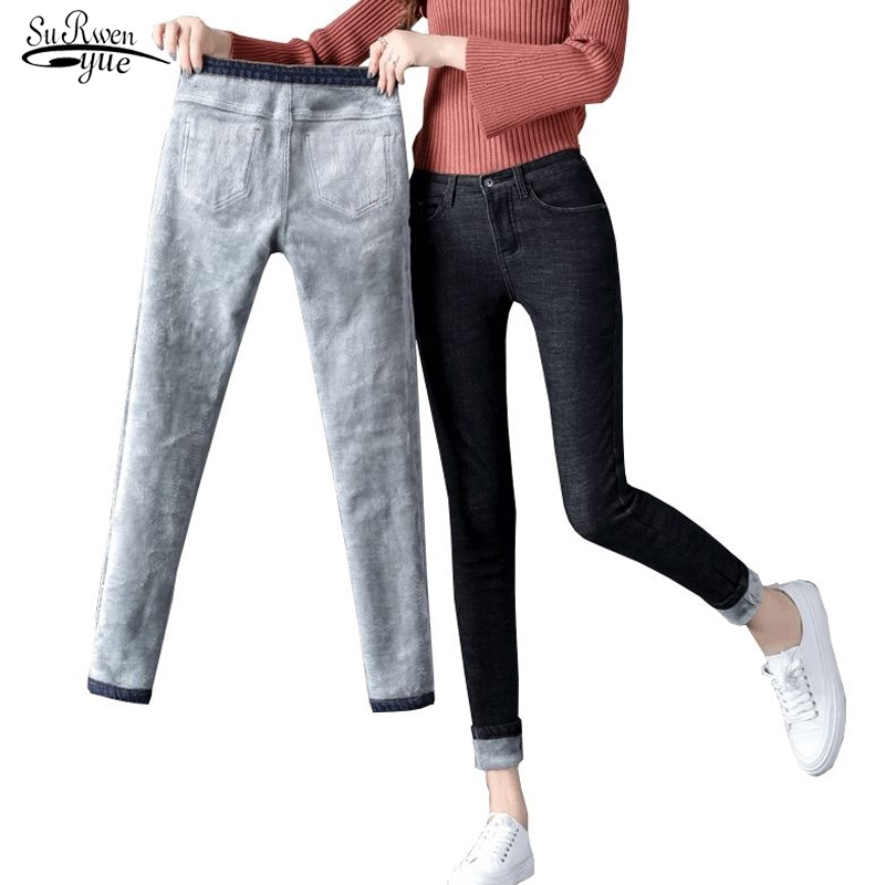Casual Warm Female Trousers Winter Jeans Women Stretch Soft Velvet Thicken Denim Pants Skinny Plus Size 7581 50 210508