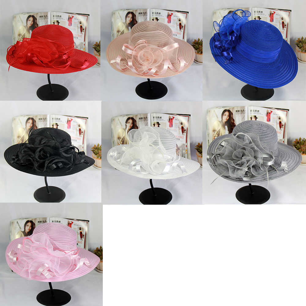 Fs Summer Church Hats for Women Elegant Pink Navy Organza Kentucky Derby Hat with Flower Foldable Large Wide Brim Beach Cap Q0805