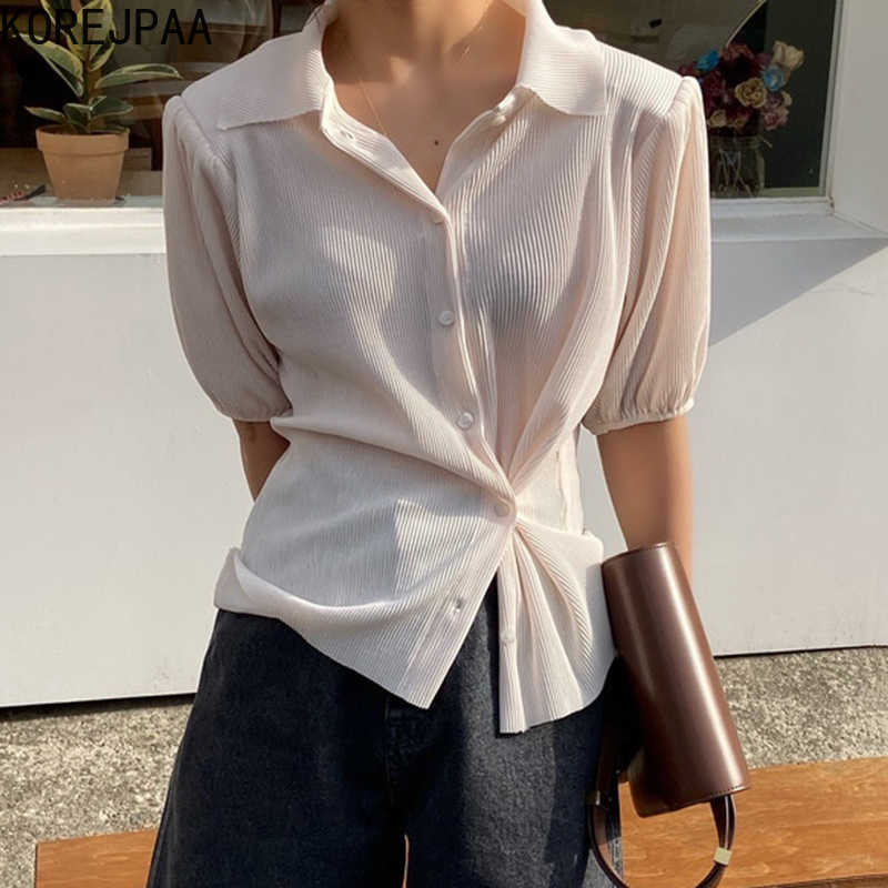 Korejpaa Women Shirt Summer Korean All-Match Niche Lapel Pleated Pit Strip Design Loose Single-Breasted Puff Sleeve Blouses 210526, Blue
Korejpaa Women Shirt Summer Korean All-Match Niche Lapel Pleated Pit Strip Design Loose Single-Breasted Puff Sleeve Blouses 210526, Blue