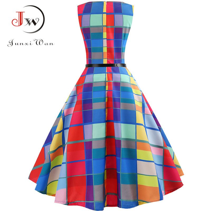 Plaid Print Vintage Dress Women Summer Floral Swing Party Dresses Hepburn 50s 60s Plus Size Retro Elegant Robe feminino Vestidos 210409