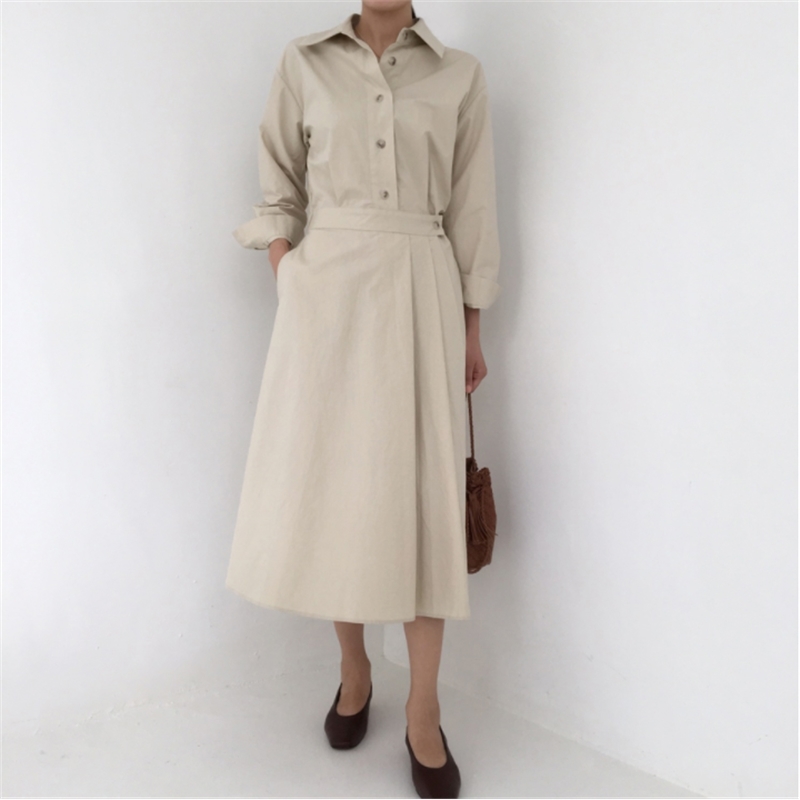 Autumn Long Sleeve Korea Chic Pleated Dresses Turn-Down Collar Single-Breasted Casual Ladies Shirt Vestidos 210520