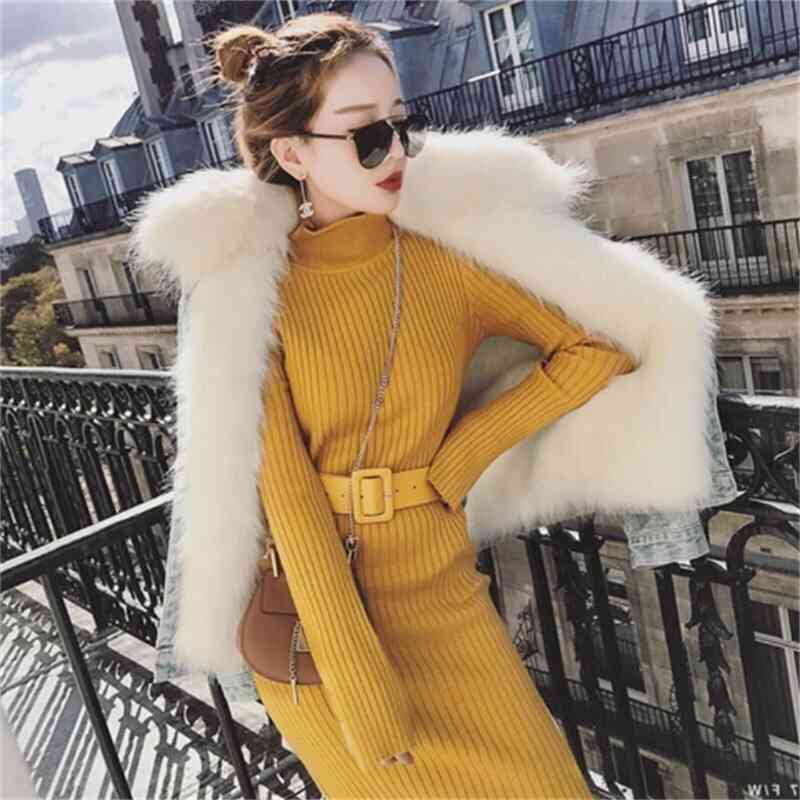Fall Winter Sweater Dress Women Sexy Side Split Slim Midi Female Turtleneck Long Sleeve Belt Knitted es Vestidos 210526