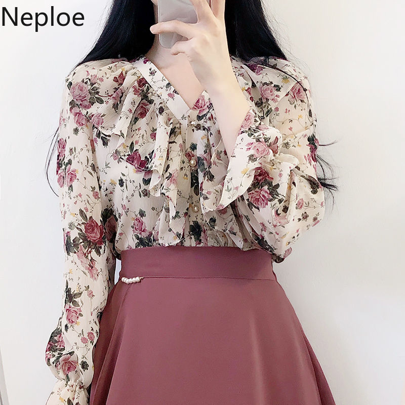 Neploe Korean Blouses for Women Floral Chiffon Shirts Long Sleeve Ruffles Elegant Lady Tops Fashion Blusas Mujer De Moda 210422