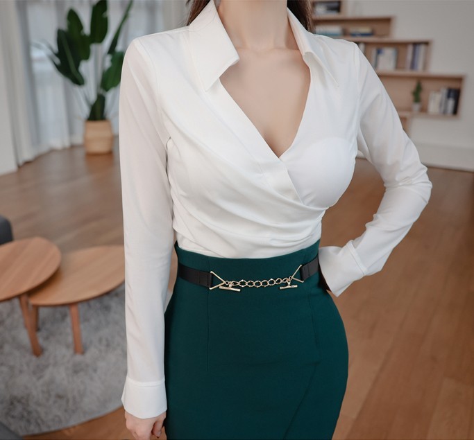 Spring Ladies Elegant Office OL 2 Pieces Set Sexy V-Neck White Blouse & High Waist Bodycon Pencil Skirt Suit 210519