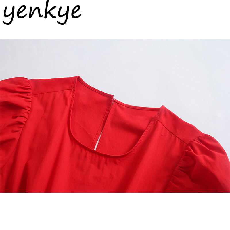 Fashion Women Sexy Hollow Out Red Dress Female O Neck Puff Sleeve A-line Summer Party Dresses Chic Midi Vestido 210430