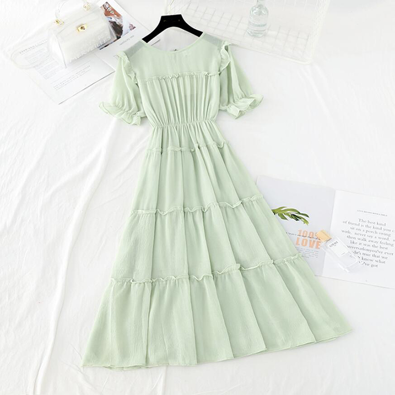 Women Solid Ruffles Summer Dress Boho Vintage Party Chiffon Dresses Elegant A-Line Korean Midi Long Dress Short Sleeve vestidos 210521
