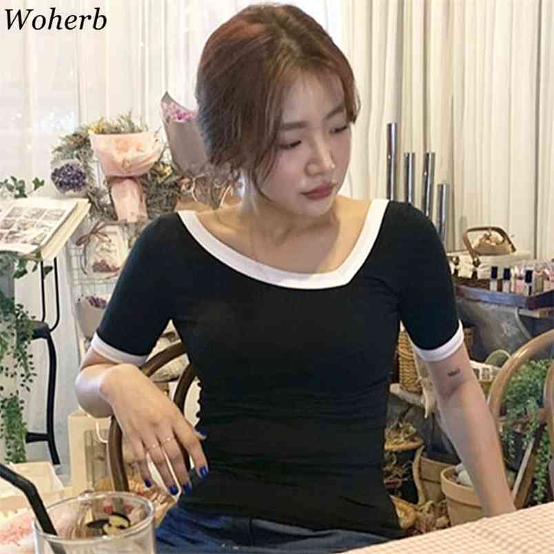 Women T Shirts Summer Irregular Collar Tees Short Sleeve Edging Cropped Tops Korean Slim-fit Stretch Casual 210519, Black
Women T Shirts Summer Irregular Collar Tees Short Sleeve Edging Cropped Tops Korean Slim-fit Stretch Casual 210519, Black