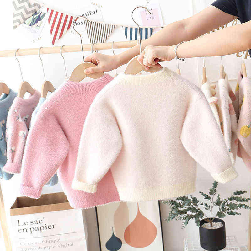 Sweaters Girl Dragonfly Pattern Mink Fleece Winter Clothes Kids Pullover Knitwear Sweater Children Clothing 211104