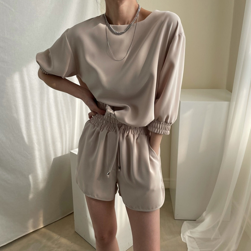 QOERLIN Fashion Suits Girls Three Quarter Sleeve O Neck Back Zipper TShirts Elastic Waist Shorts Solid Loose Casual Streetwear 210412