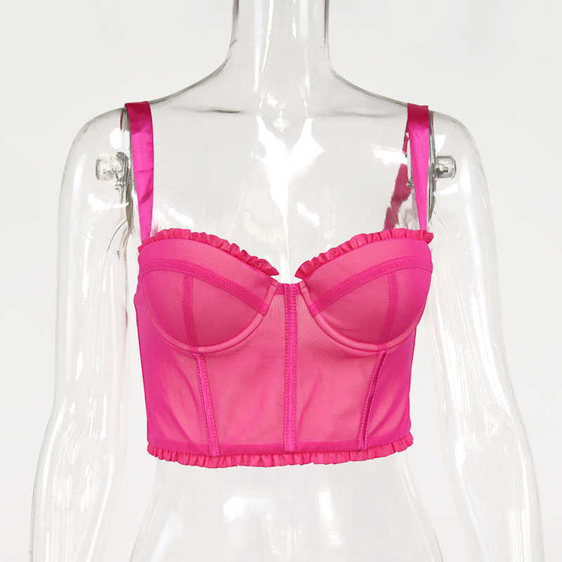 Colysmo Sexy Corset Tops Women Summer Sleeveless Ruffles Boning Padded Tank Top Pink Mesh Underwire Slim Fit Bustier 210527