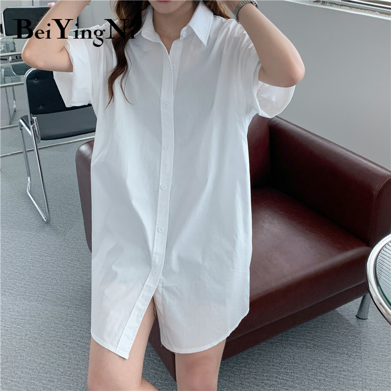 Oversized Shirt Dress Women Plain Short Sleeve White Casual Summer Long Blouses Dresses Slim Korean Chic Vestidos Lady 210506