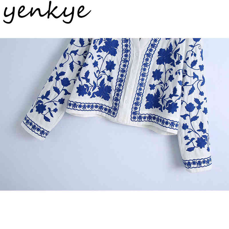 Spring Women Blue Floral Embroidery Jacket Female Long Sleeve V Neck Casual Outerwear Plus Size chaquetas Tops 210430
