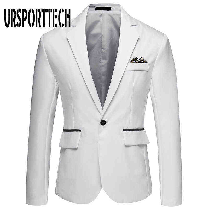 Korean Men's Blazer Slim Fit Suit Jacket Masculino Cotton One Buckle Blazer Black Blue White Plus Size Wedding Blazer Mens Coat 211111