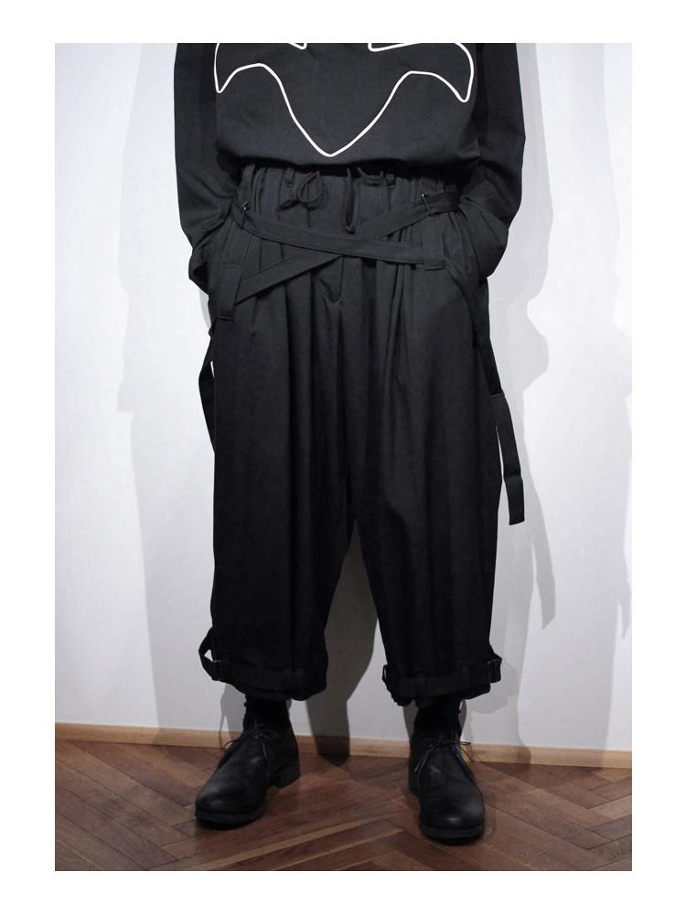 Men's Black Yamamoto Wind YOHJI Strapped Nine-Point Trousers - Adjustable, Loose Fit, Casual Autumn Winter