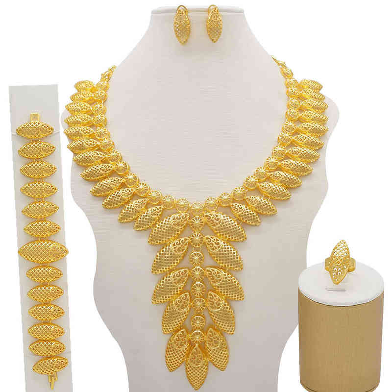 Gold Long Necklace/Earrings/Ring Big Jewelry Set Women Gold Color Arab Jewelry Wedding Accessories 211204