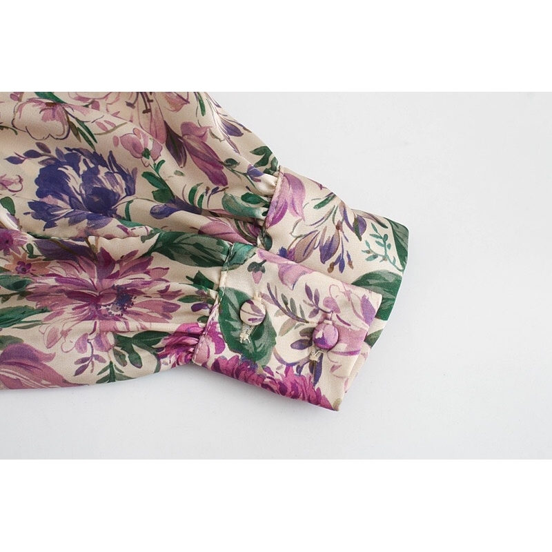 Retro Purple Flower Print Stitching Ruffles Ruched Waist Long sleeve Like Silk Short Dress Woman French Mini Tea Dresses 210429