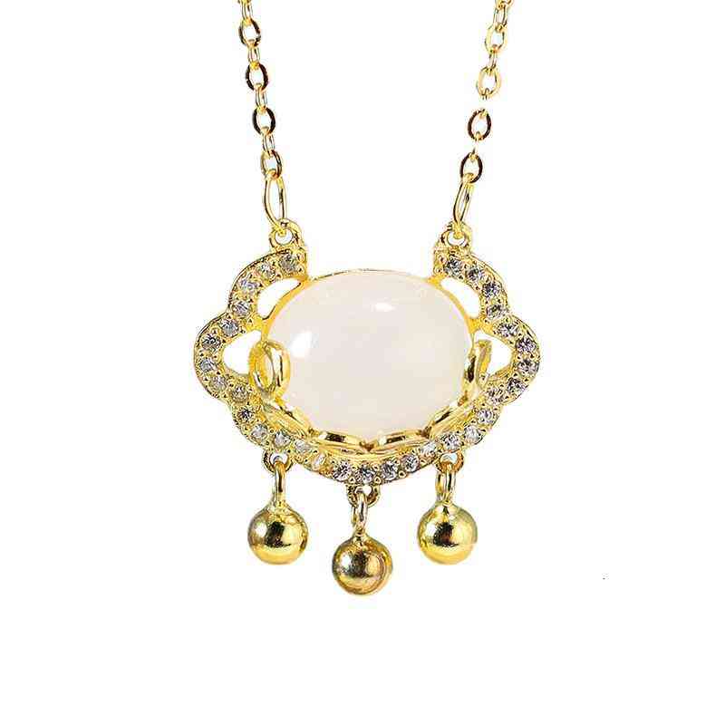 S925 Silver Japanese and Korean White Jade Pith Long Life Lock Necklace Water Drop Temperament Auspicious Cloud Safe Clavicle Chain