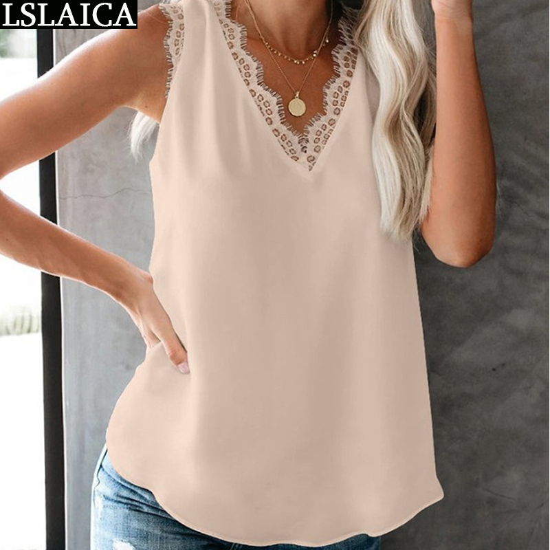 Blouse Women Sleeveless Lace Patchwork Solid Color Blouses Casual Chiffon Fashion Office Summer Blusas Mujer De Moda 210520