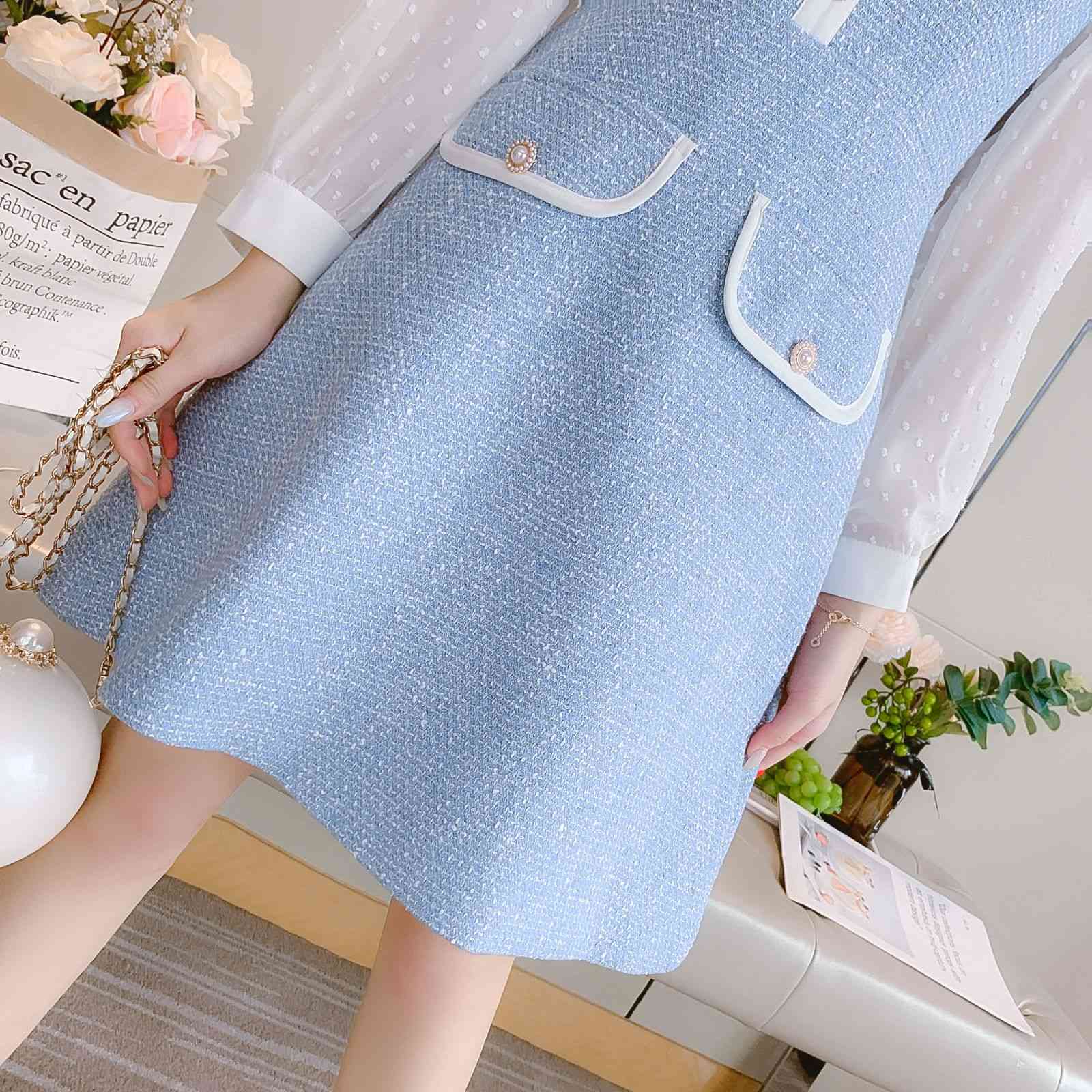 Women Autumn And Winter Blue Chiffon Patchwork Tweed Woolen Dresses Ladies Embroidery Turndown Collar Chic Vestidos 210520