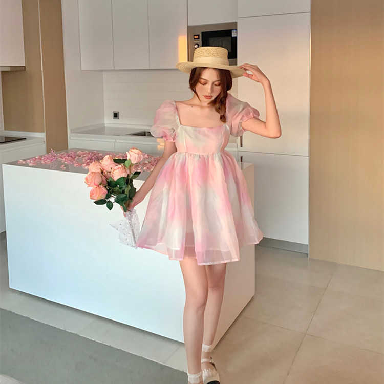 fashion style elegant princess dress rainbow fairy skirt bubble sleeve puffy short kawaii mini women 210623
