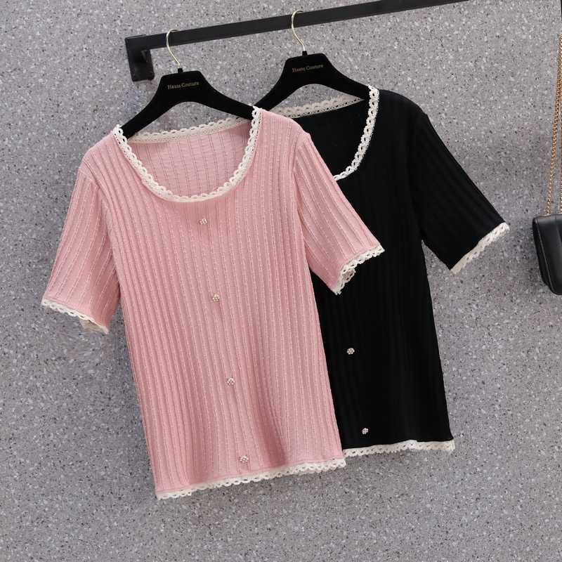 M- plus size women Summer thin kint T-shirt top loose casual Beading short sleeve o neck Oversized sweater pullover female 210604, Pink
M- plus size women Summer thin kint T-shirt top loose casual Beading short sleeve o neck Oversized sweater pullover female 210604, Pink
